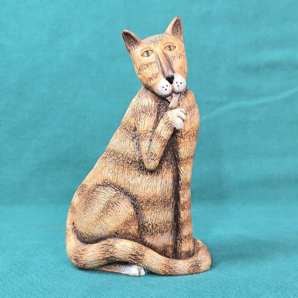 Vintage Marsha McCarthy Brown Tabby Curiosity Cat Resin Figurine 6” Signed